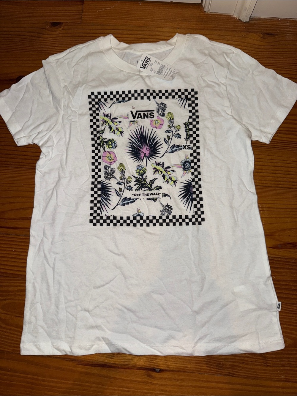 NEW Vans White Short-Sleeve Floral Checkerboard Tee XS